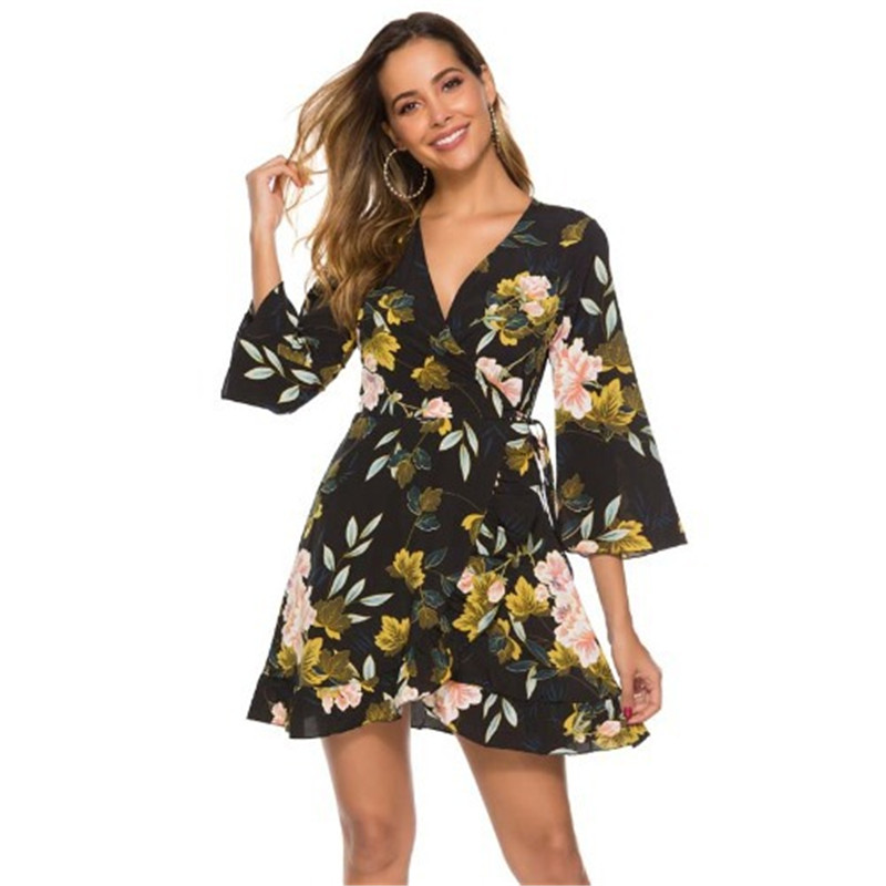 Black Casual V Neck 3/4 Sleeve Floral Dress