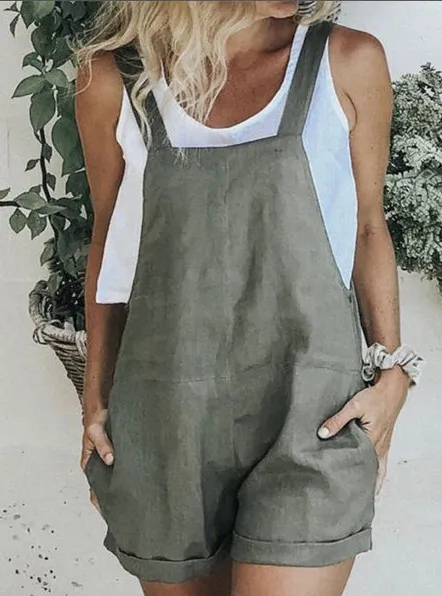 Women's Pure Cotton Linen Casual Jumpsuit Shorts - Green
