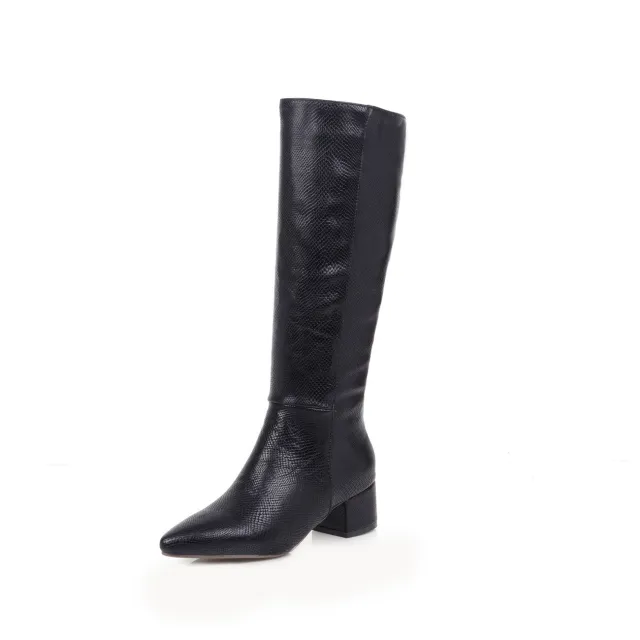 Serpentine pointed thick heel high boot Black - Shop at LoveMi