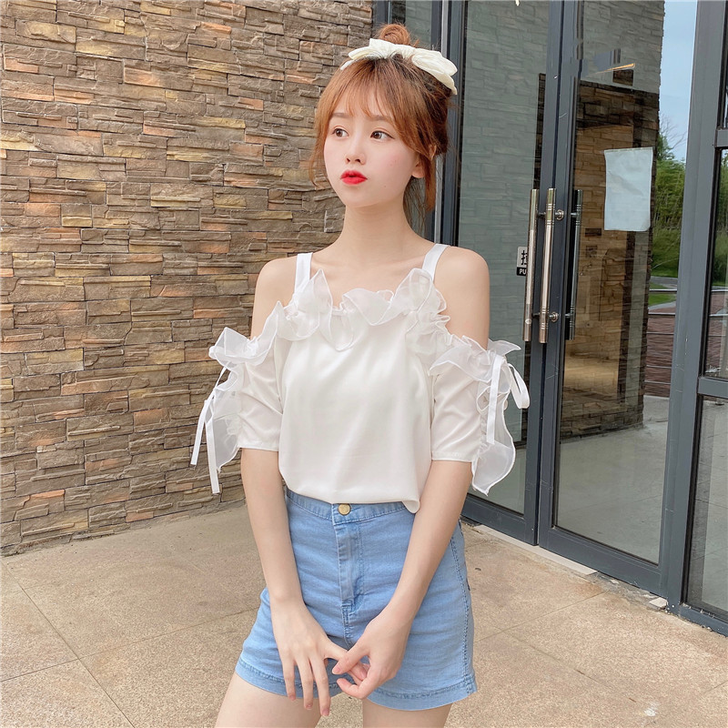 Puff sleeve one-shoulder short sleeve shirt