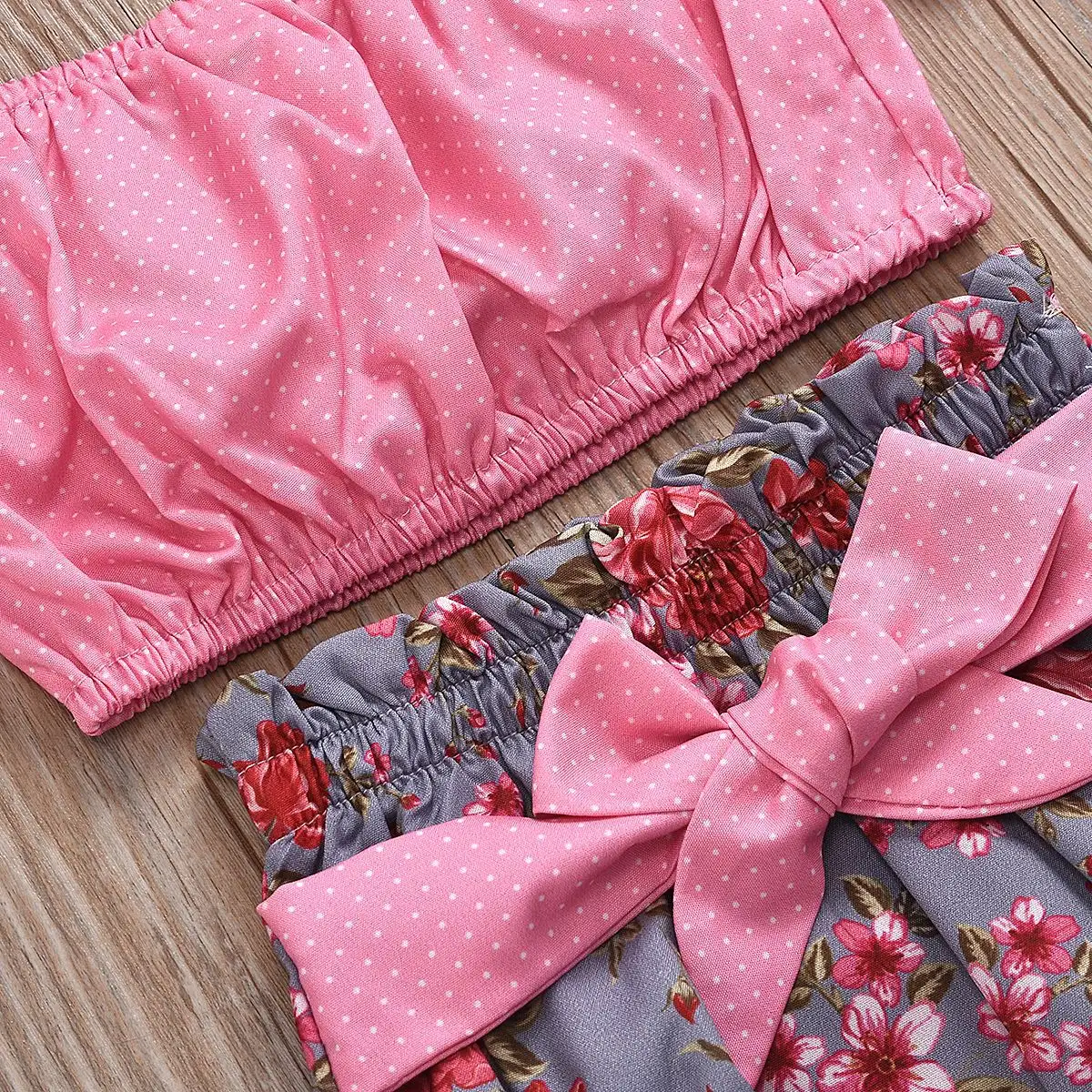 Baby Polka Dot Top Floral Shorts Pink Turban Set