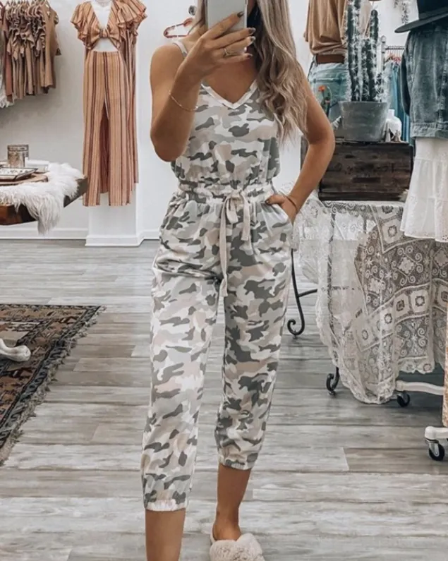 Printed v neck waist drawstring jumpsuit Camouflage - Shop at LoveMi