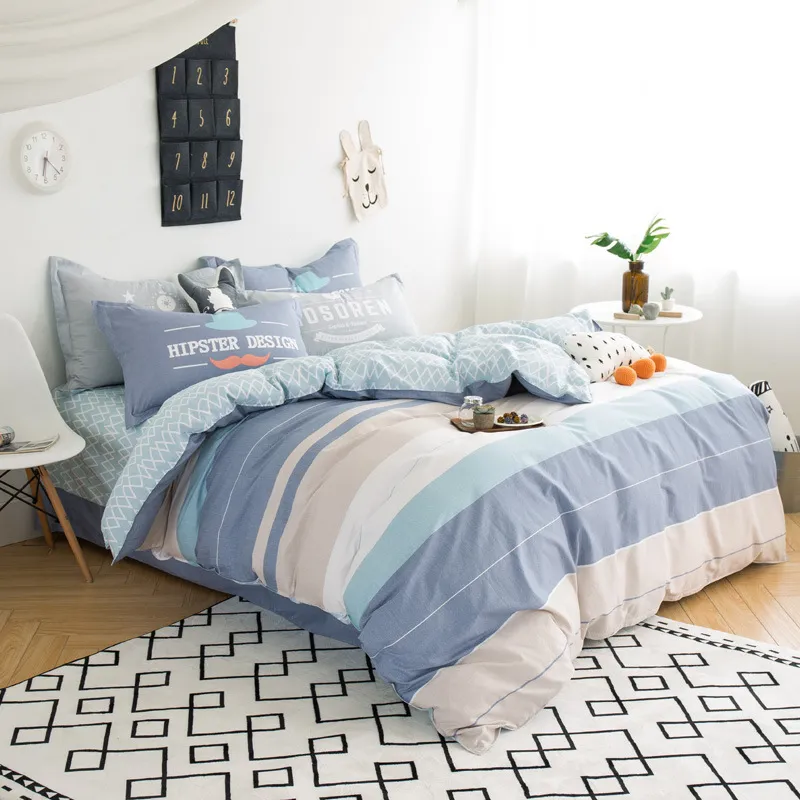 Three-piece cotton printed bed - Light Blue
