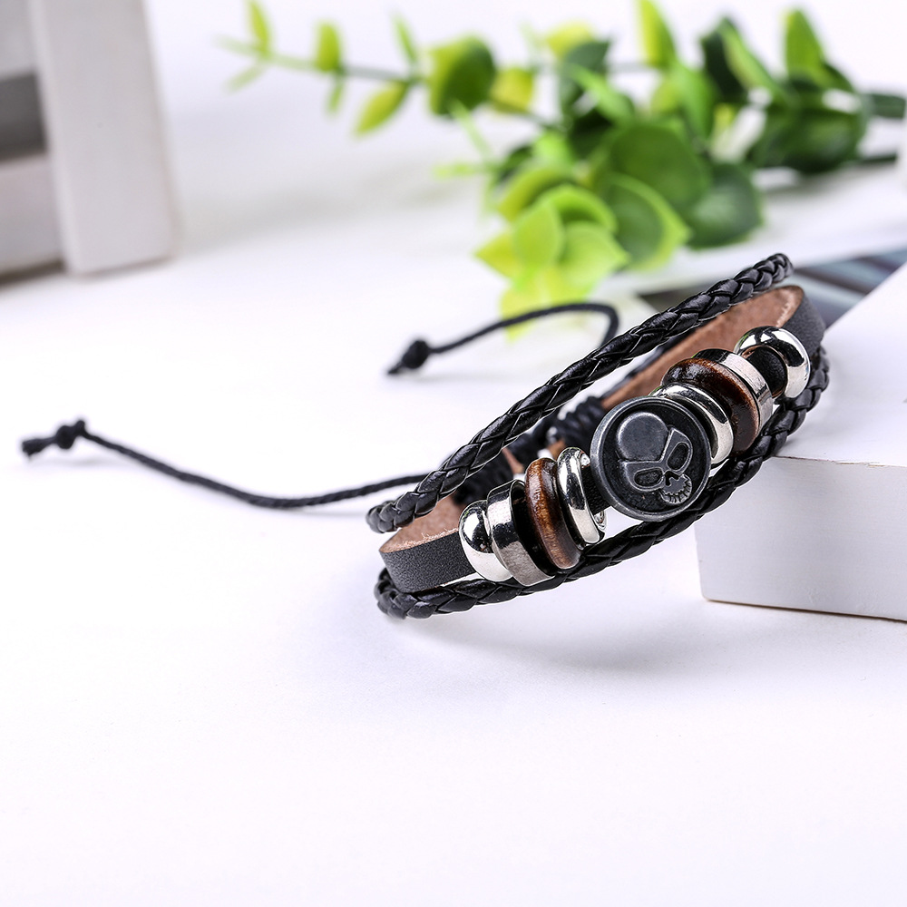 Skull hand woven leather bracelet