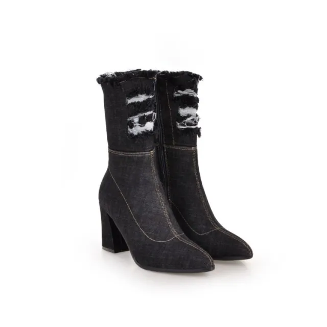 Denim short boots with thick heels Black - Shop at LoveMi