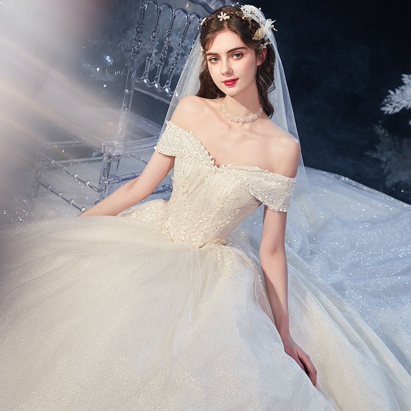 فستان زفاف بكتف واحد وتصميم السماء المرصعة بالنجوم مع ذيل طويل