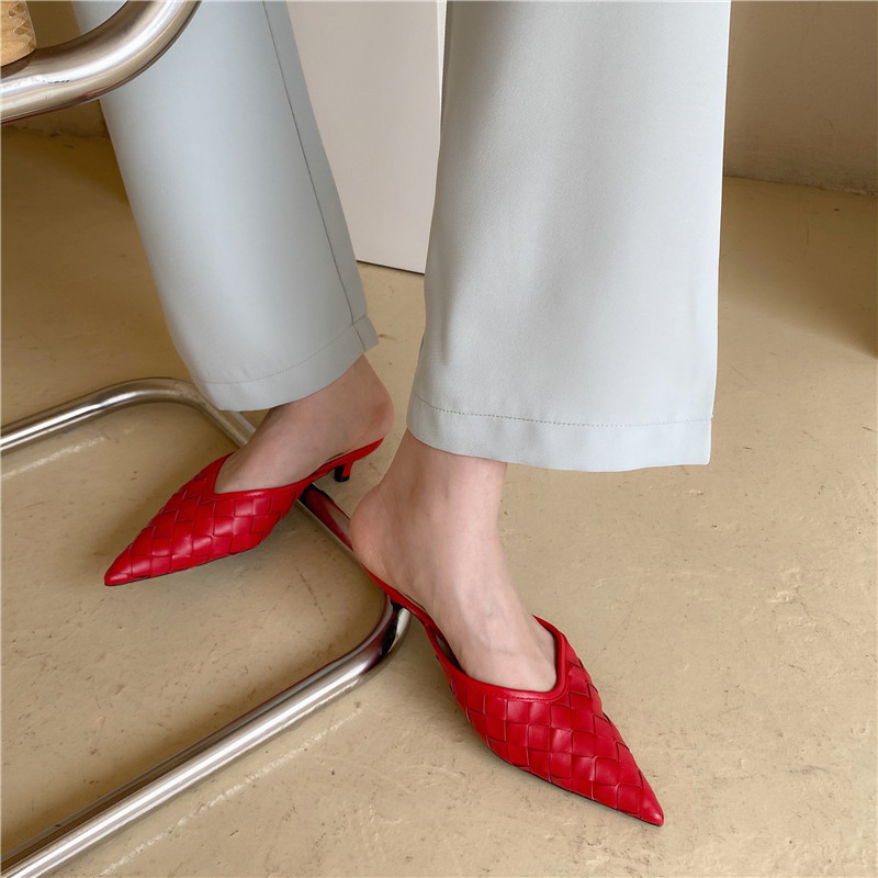 Woven Pointed Mid-Heel Slippers