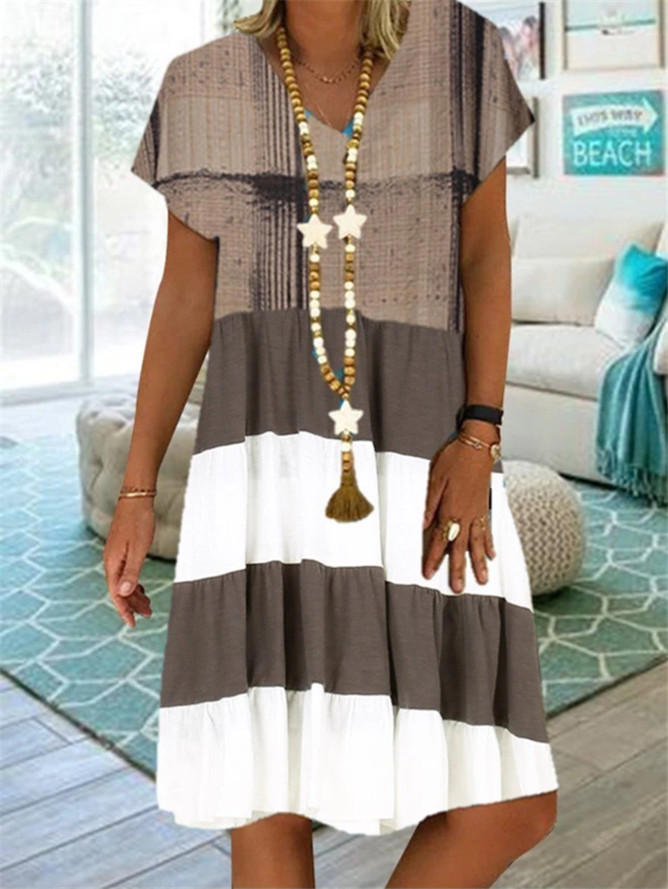Multi-color fashion short sleeve V-neck dress