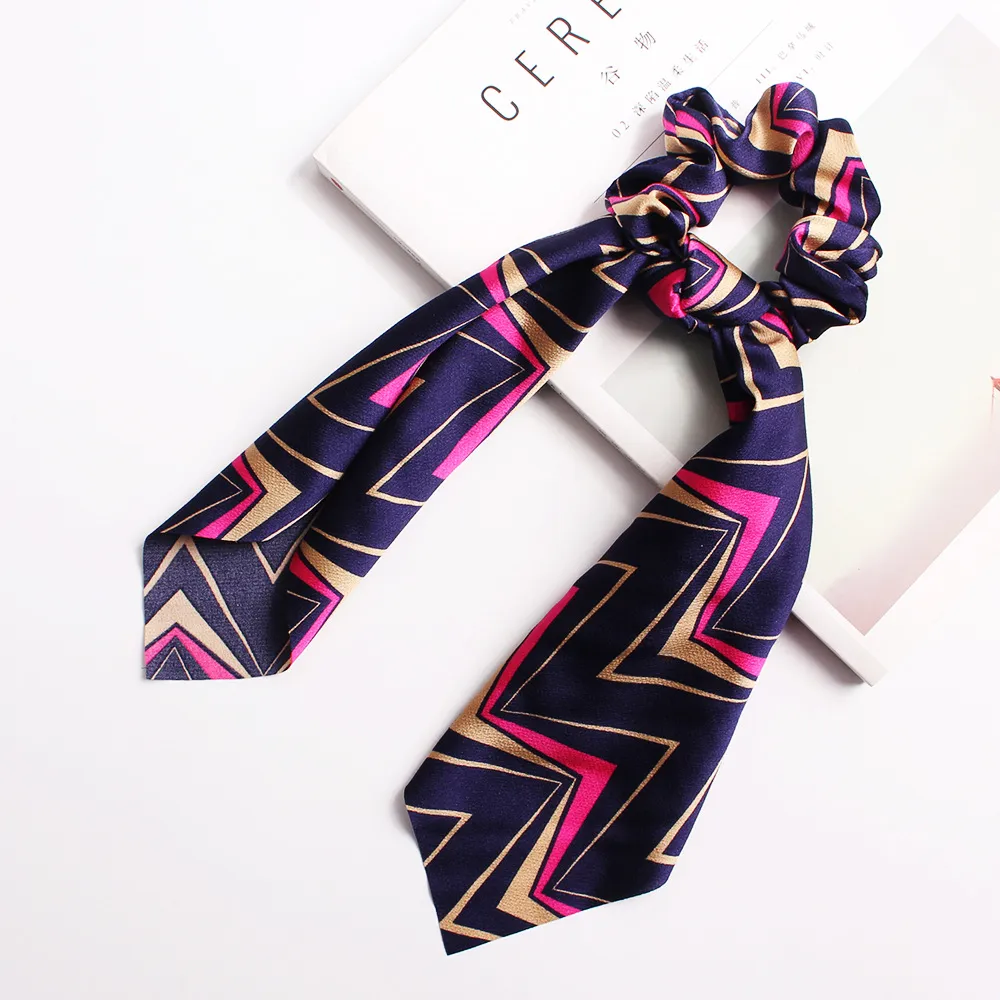 Ribbon Ponytail Printed Large Intestine Hair Tie - C2 Navy Blue