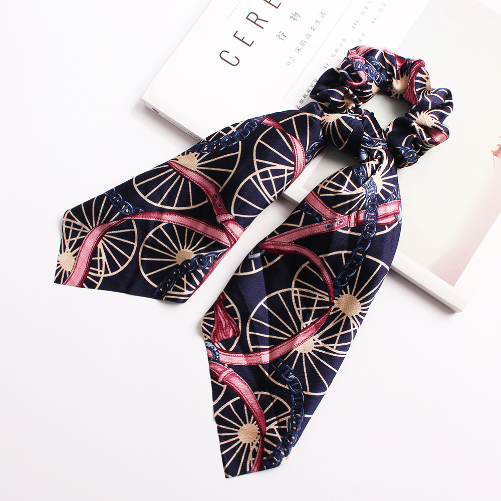 Ribbon Ponytail Printed Large Intestine Hair Tie C4 Navy Blue - Shop at LoveMi