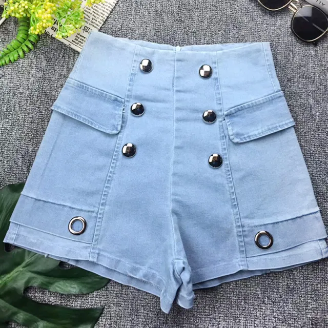 Double Button Mid Rise Denim Shorts Light Blue - Shop at LoveMi