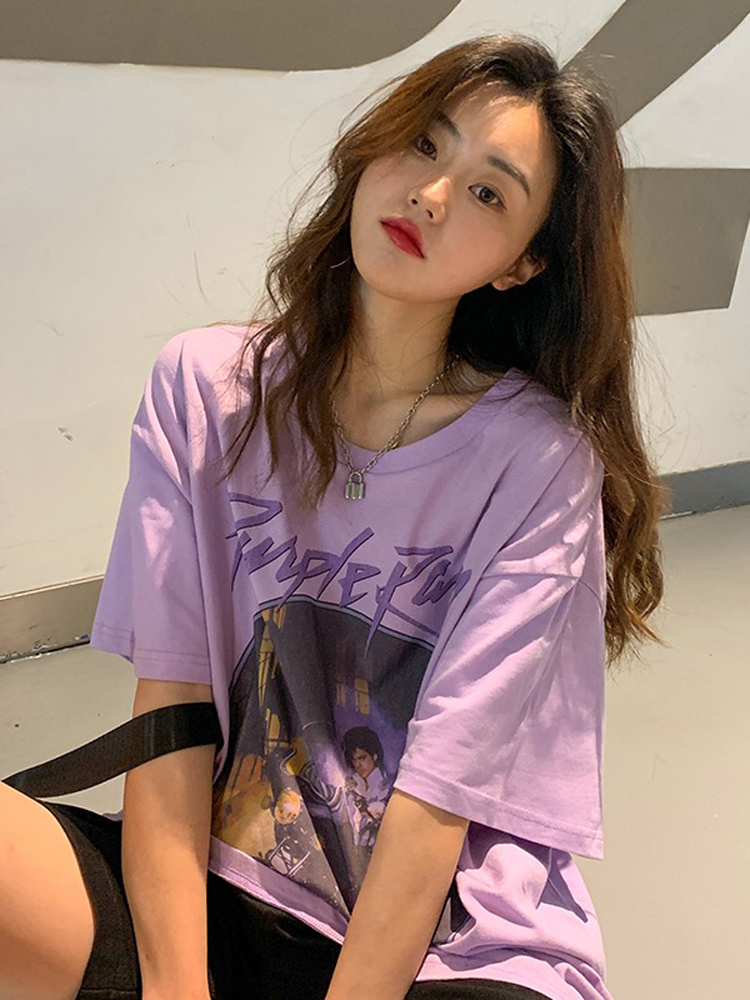 Vintage purple print loose loose short sleeve T-shirt