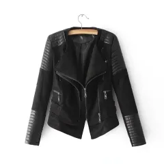 Stitching cropped leather jacket - Black - View 1