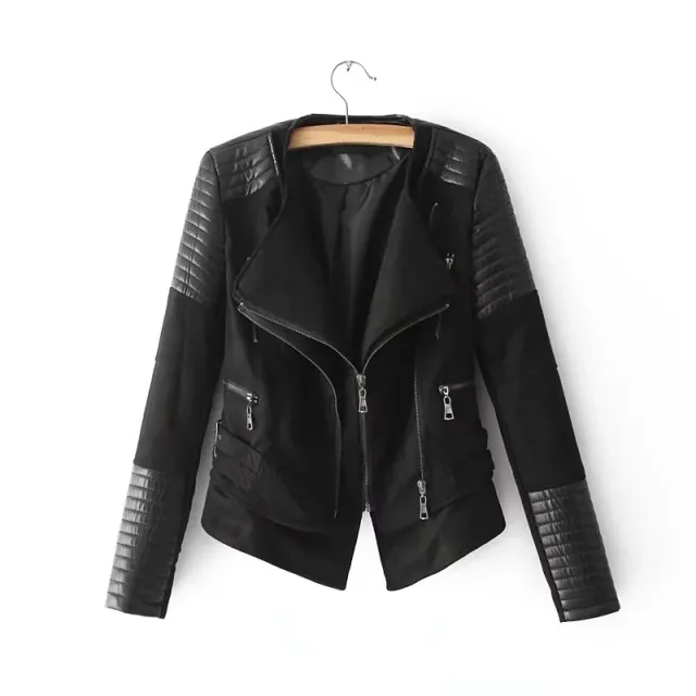 Stitching cropped leather jacket Black - Shop at LoveMi