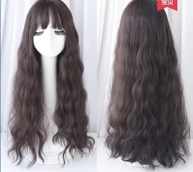 Wig female long curly hair big wave Korean hair fashion jiafa corn hot chemical fiber wig headgear Black - Shop at LoveMi