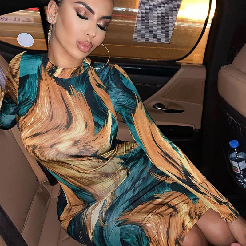 Printed sexy bag hip long sleeve dress