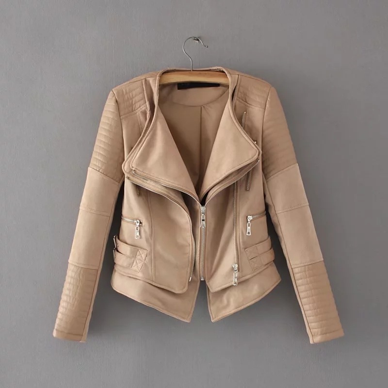 Stitching cropped leather jacket Khaki - Shop at LoveMi