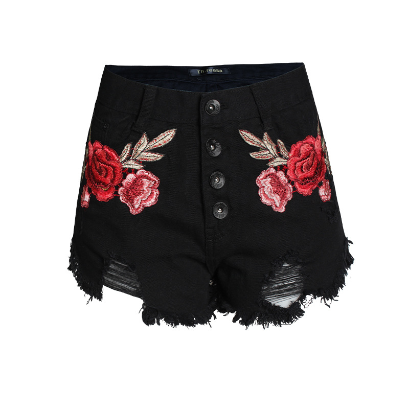 Embroidered loose beard jeans women shorts Black - Shop at LoveMi