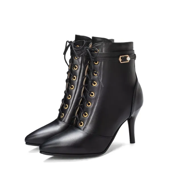 Lace up belt buckle stiletto heel ankle boots Black - Shop at LoveMi