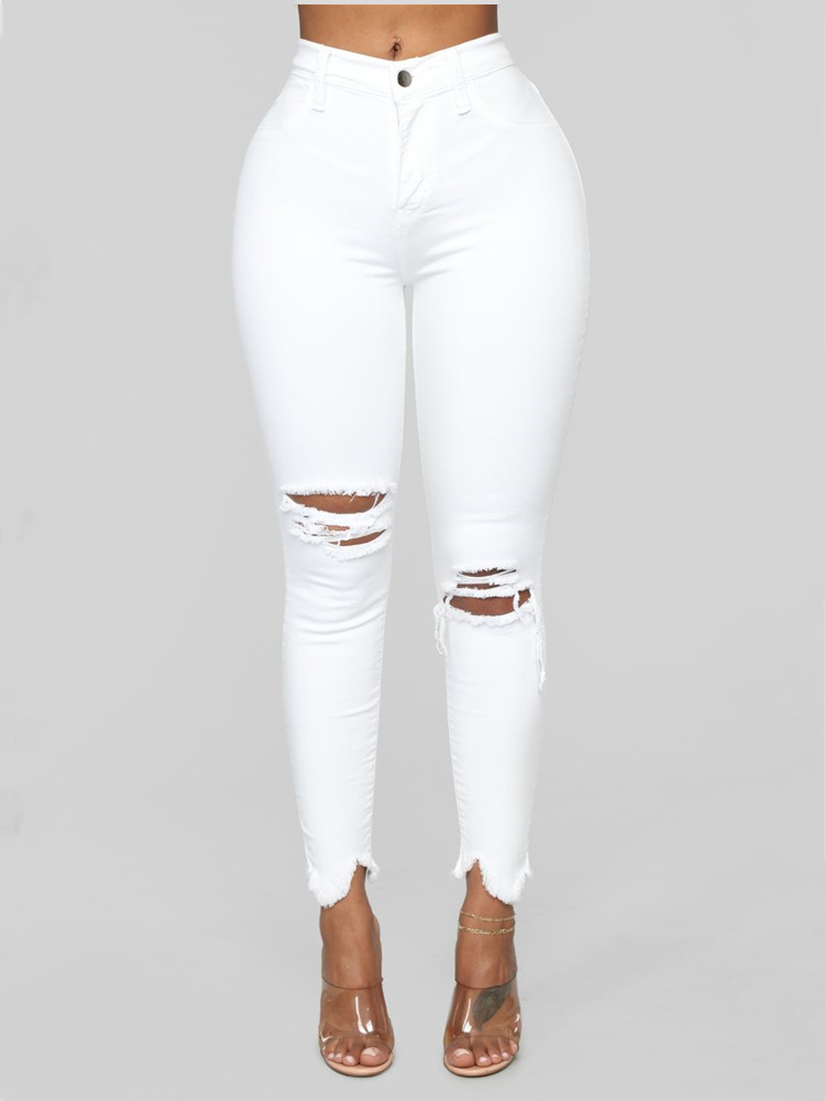 ripped solid denim long pants White - Shop at LoveMi