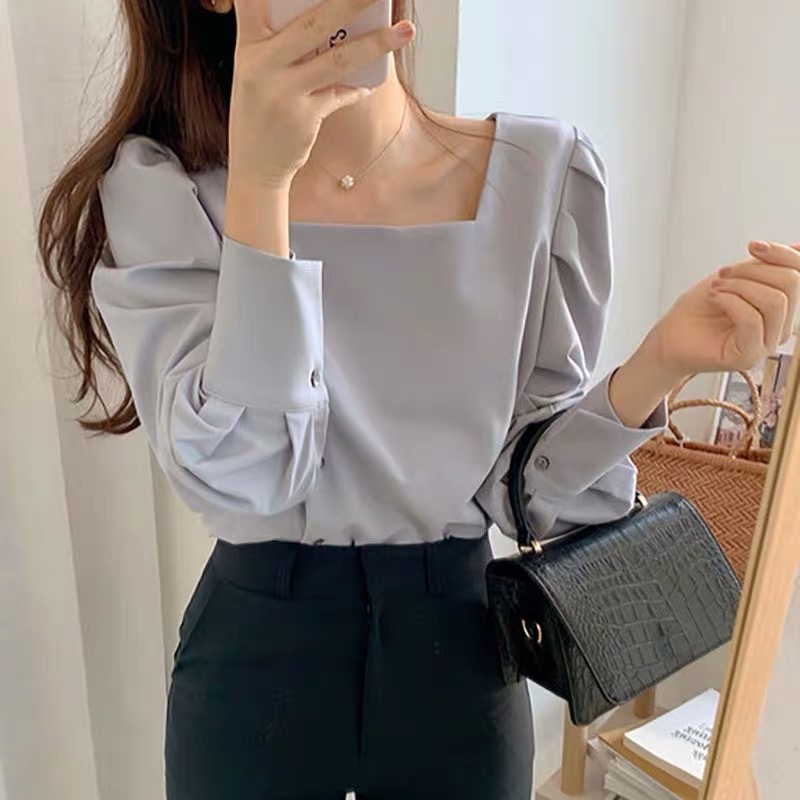 Retro square collar slim all-match shirt