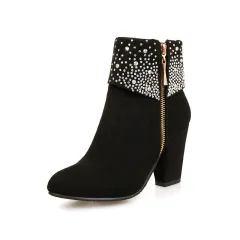 Rhinestone nubuck short heel women boots - Black - View 1