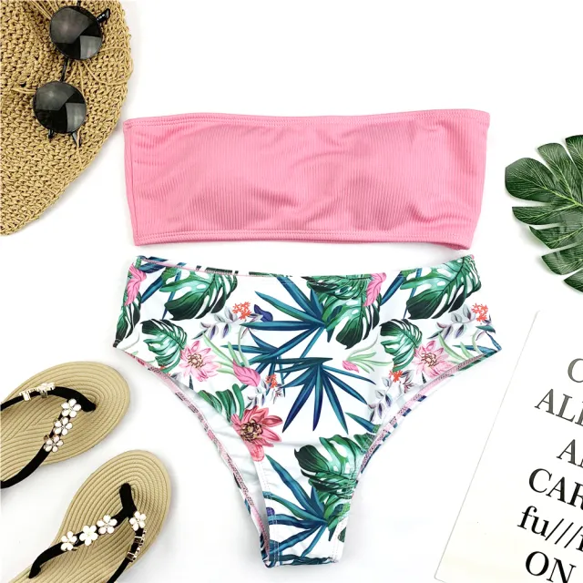 Sexy Bandeau Bikini Set Women Print Swimwear Pink - Shop at LoveMi