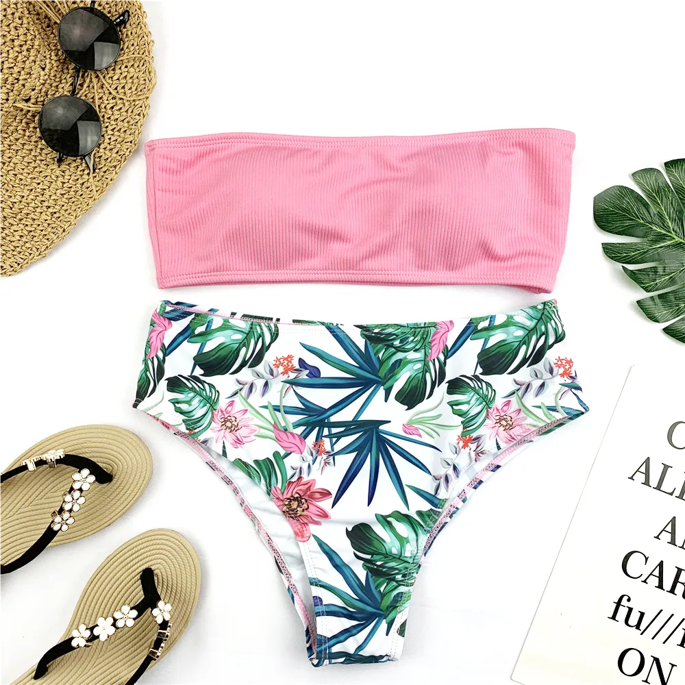 Sexy Bandeau Bikini Set Women Print Swimwear - Pink