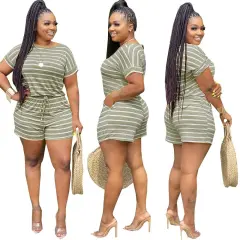 Fashion classic striped bow casual home jumpsuit - Grey - View 1