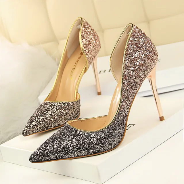 Gradient color block sequined high heels Champagne 34 - Shop at LoveMi