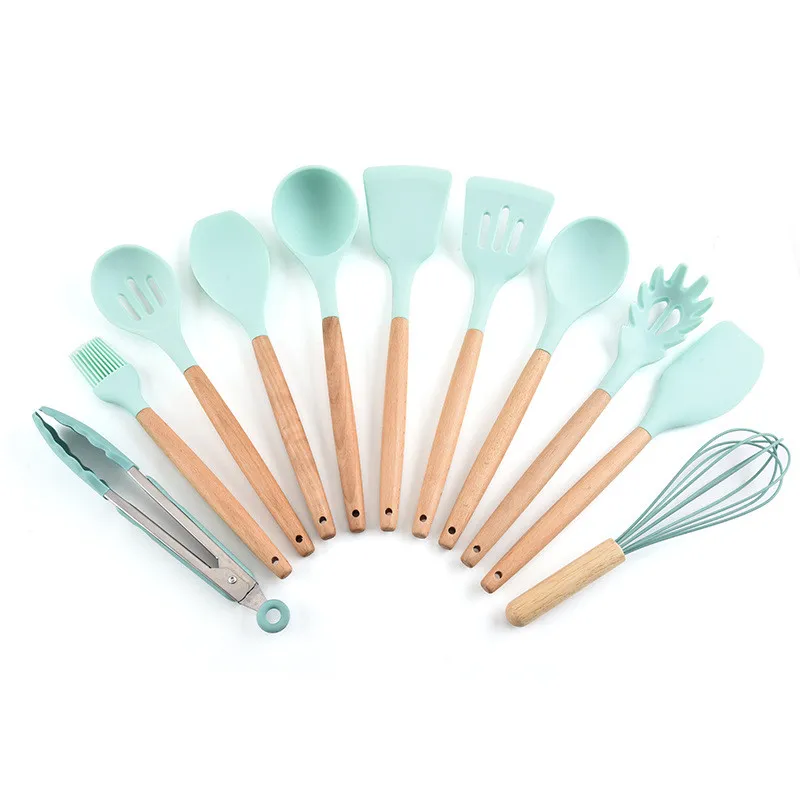 Silicone Kitchen Cooking Utensil Set Non-stick Spatula Heat Resistant Wooden Handle - Blue