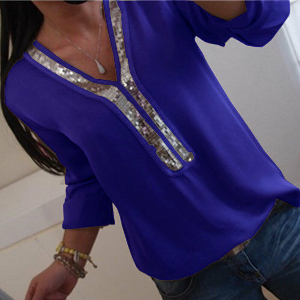 Stitching V-neck sequin long sleeve chiffon shirt