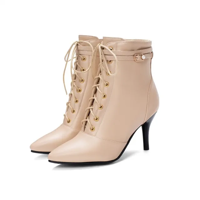 Lace up belt buckle stiletto heel ankle boots Beige - Shop at LoveMi