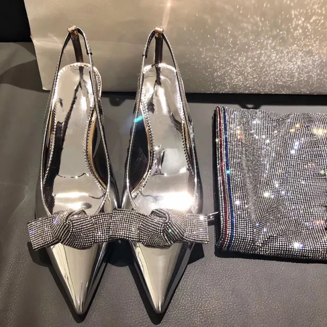 High heels with pointed silver bow Silver - Shop at LoveMi