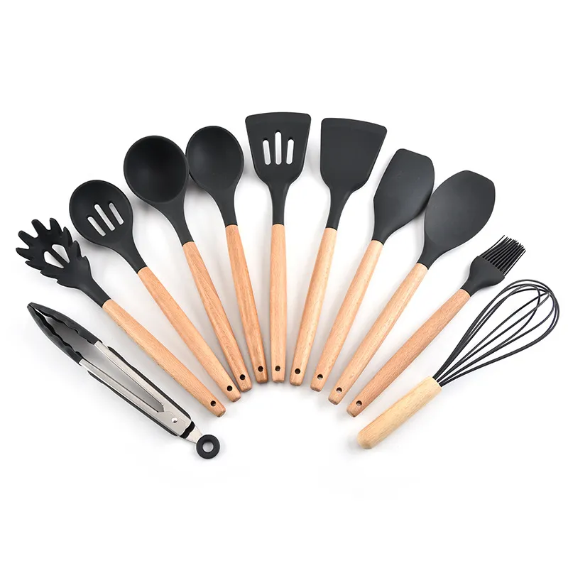 Silicone Kitchen Cooking Utensil Set Non-stick Spatula Heat Resistant Wooden Handle - Dark Grey