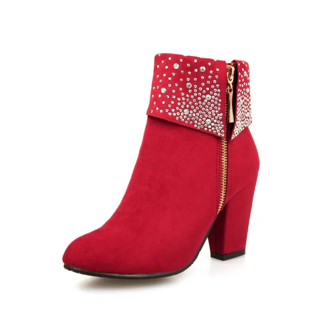 Rhinestone nubuck short heel women boots Red - Shop at LoveMi