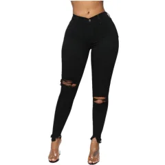 ripped solid denim long pants - Black - View 1