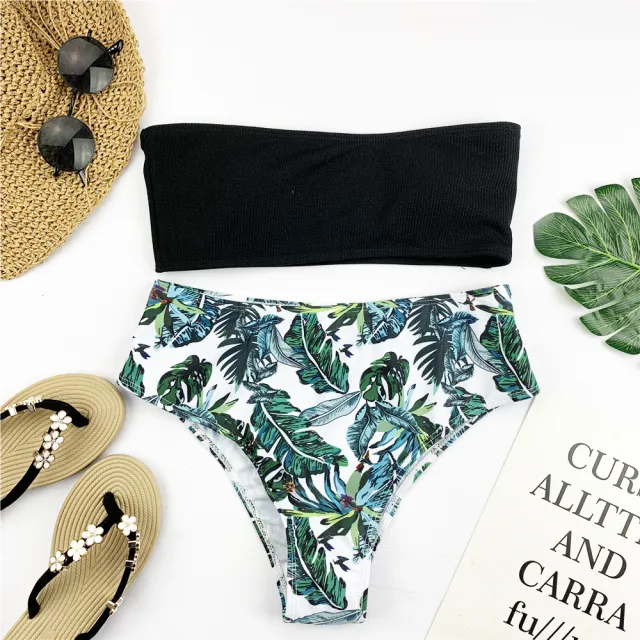 Sexy Bandeau Bikini Set Women Print Swimwear Black - Shop at LoveMi