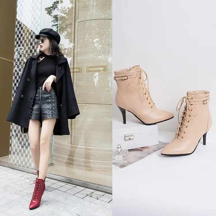 Lace-up belt buckle stiletto heel ankle boots
