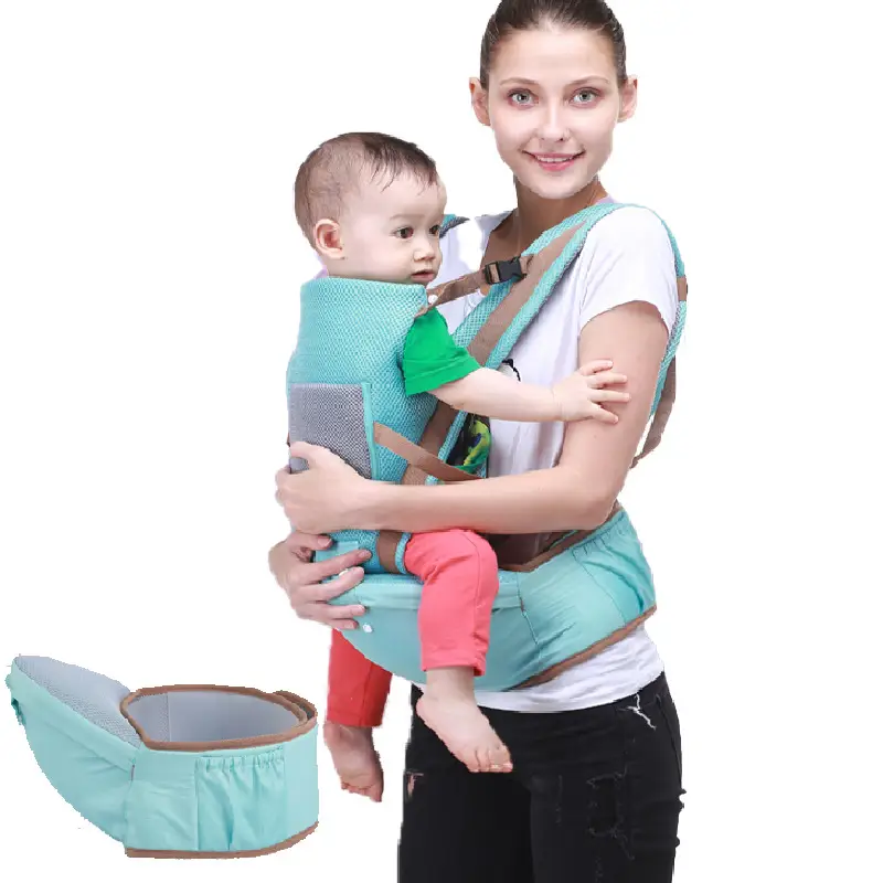 Hugging summer baby holding waist stool strap