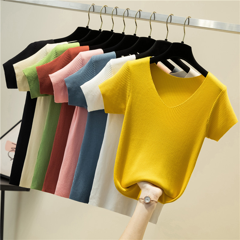 Women's summer v-neck ice silk T-shirt