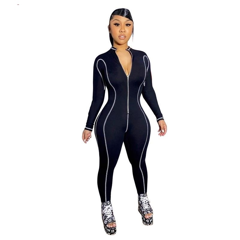 Women's zipper long-sleeved line hip sports jumpsuit