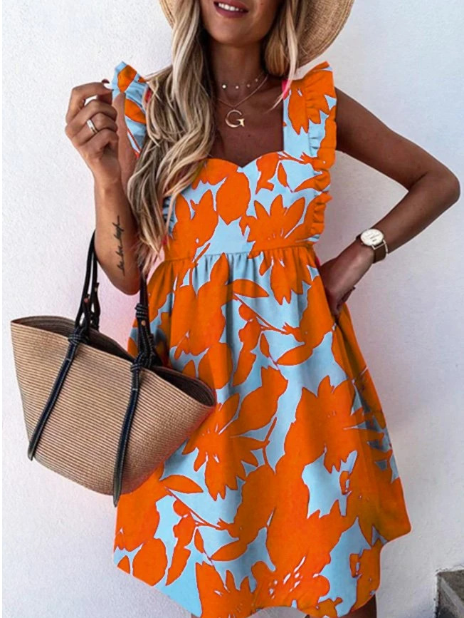 Square neck print fashion big dress