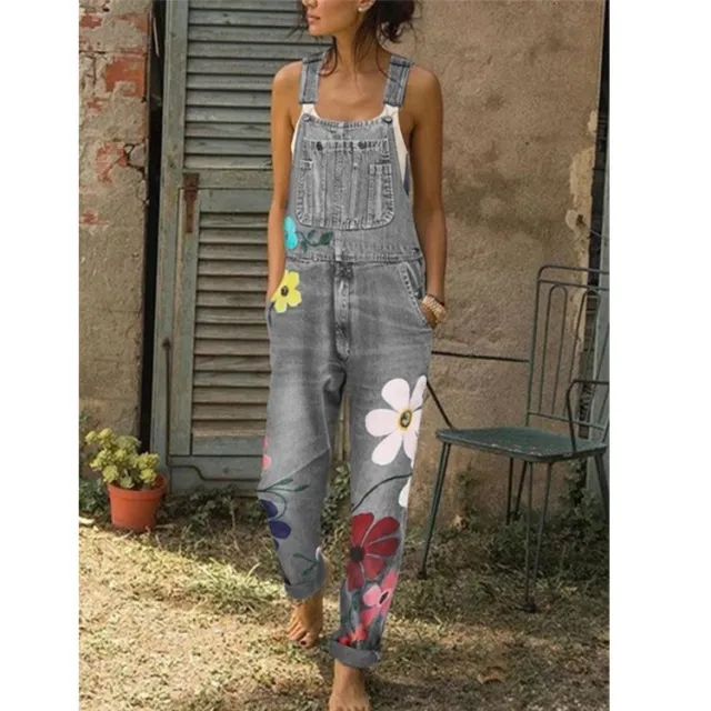 Denim overalls printed washed denim overalls Grey - Shop at LoveMi