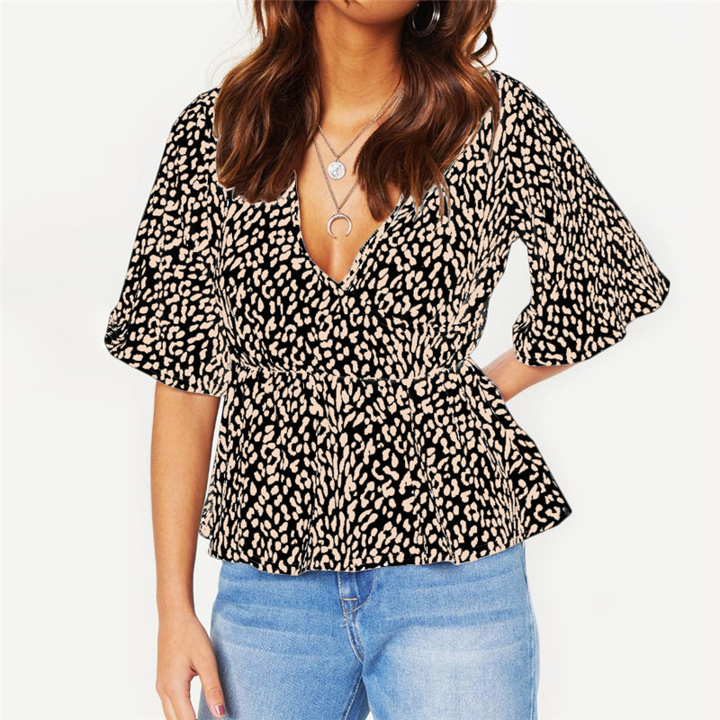 Deep V neck short sleeve ladies chiffon shirt