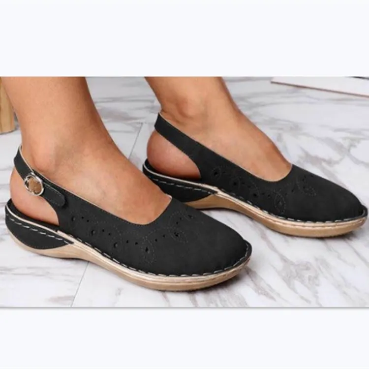 Hollow women's tendon bottom flat women sandals - Black
