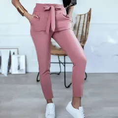 High waist slim cropped casual pants - Pink - View 1