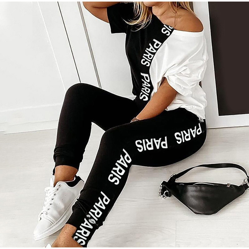 Black and white letters contrast print off-shoulder suit