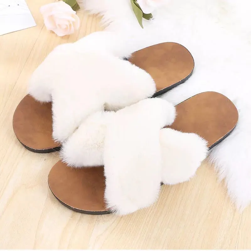 Cross hair slippers women flat bottom - White