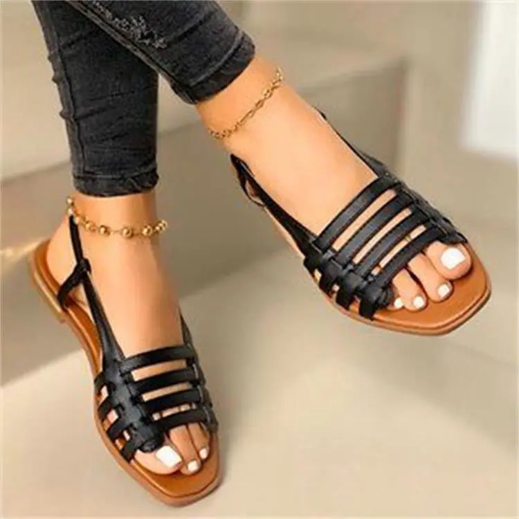 Flat round toe casual sandals women's plus size - Black